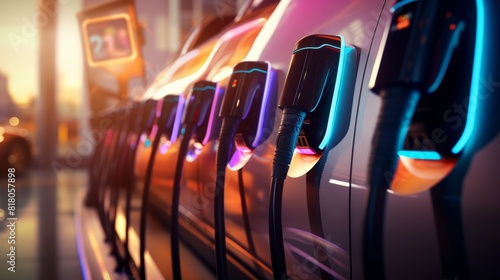 fleet of electric cars charging at a large charging station, with the charging cables creating a colorful pattern and the cars' charging status displayed on a digital display board.
