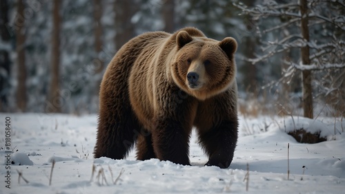 A Majestic Brown Bear Braving the Snowy Silence of Winter