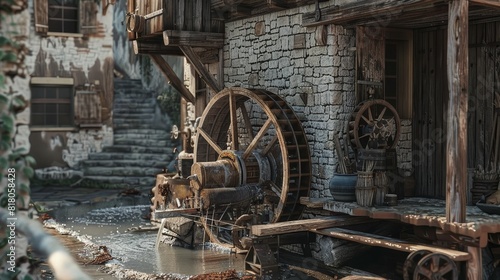 Ancient coffee mill with water wheel, detailed historical machinery grinding cane, rustic setting