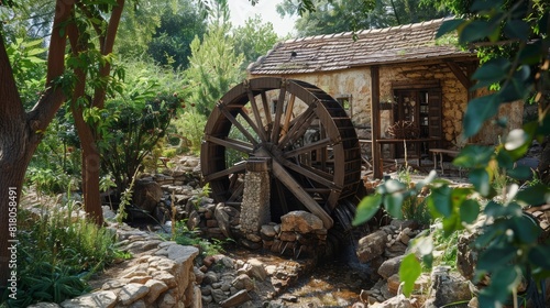 Ancient coffee mill with water wheel, detailed historical machinery grinding cane, rustic setting