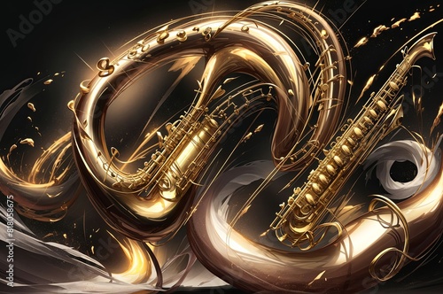 A futuristic Saxophone with Smooth  curving lines and elegant shapes in rich  dark tones representing the cool of rhythm and music
