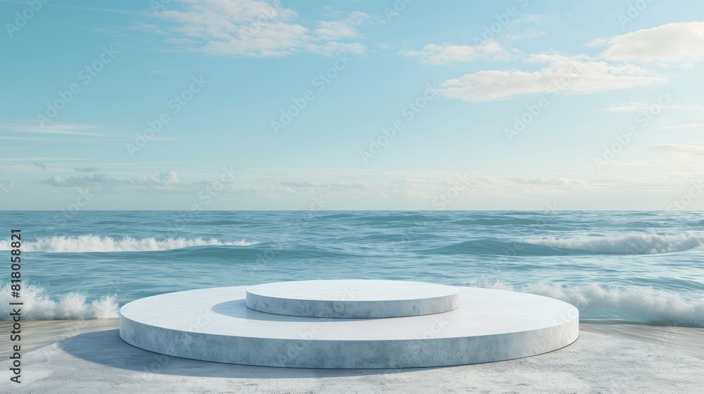 An empty podium against the background of a blue sea of sky and clouds, an empty showcase for displaying goods. 3D rendering.