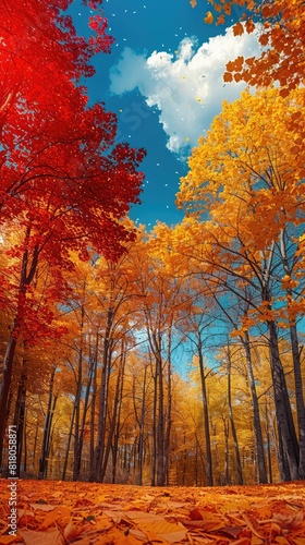 colorful autumn trees in the park with blue sky background as mobile wallpaper background, autumnal vertical mobile phone wallpaper