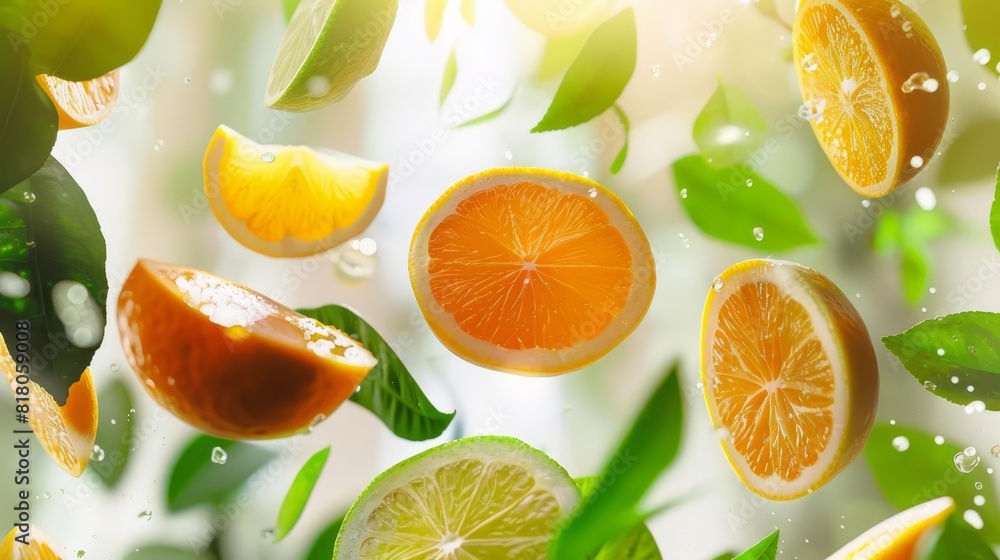 fresh citrus fruits slices floating in air with green leaves food photography fresh citrus fruits slices floating in air with green leaves food photography