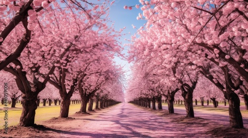 A panoramic view of a cherry blossom orchard, with rows of trees stretching into the distance.