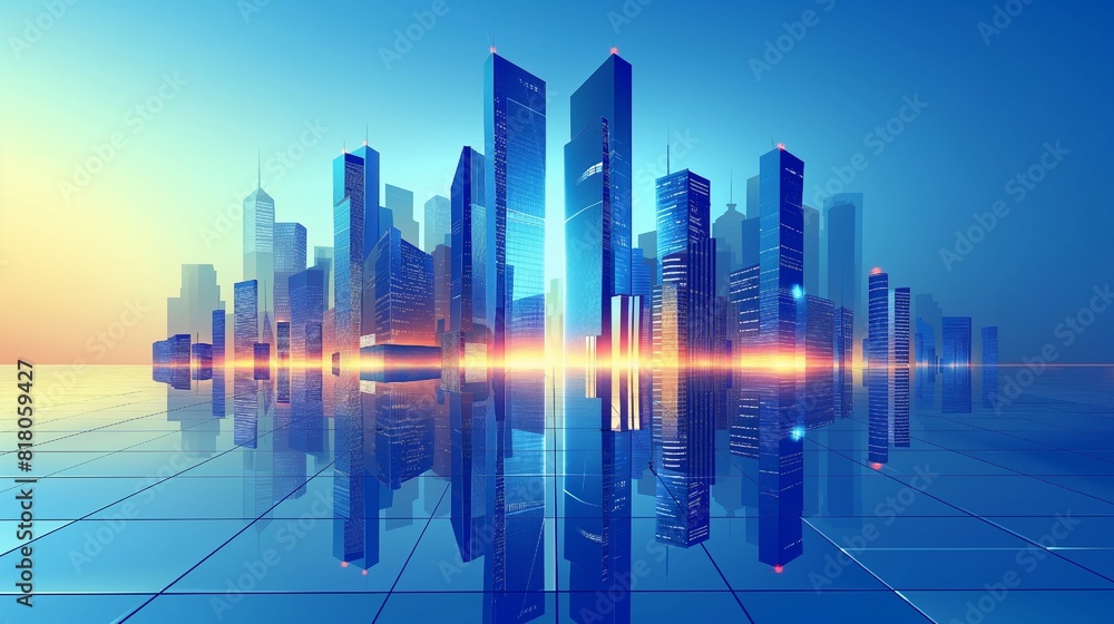 Modern skyscrapers of a smart city, futuristic financial district, graphic perspective of buildings and reflections, architectural blue background for corporate and business brochure template Modern skyscrapers of a smart city, futuristic financial district, graphic perspective of buildings and reflections, architectural blue background for corporate and business brochure template