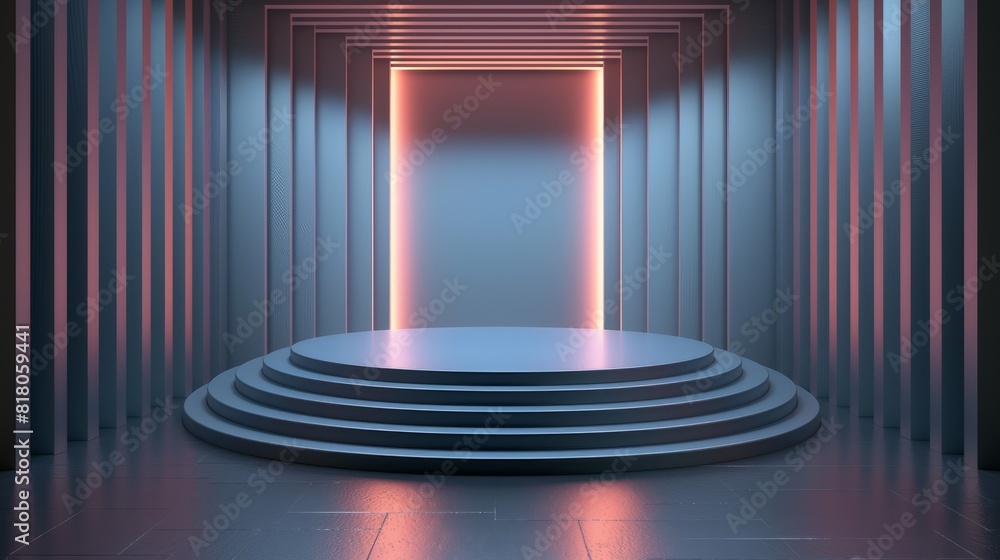 An empty podium against the background of a pink sunset, an empty showcase for displaying goods. 3D rendering. An empty podium against the background of a pink sunset, an empty showcase for displaying goods. 3D rendering.