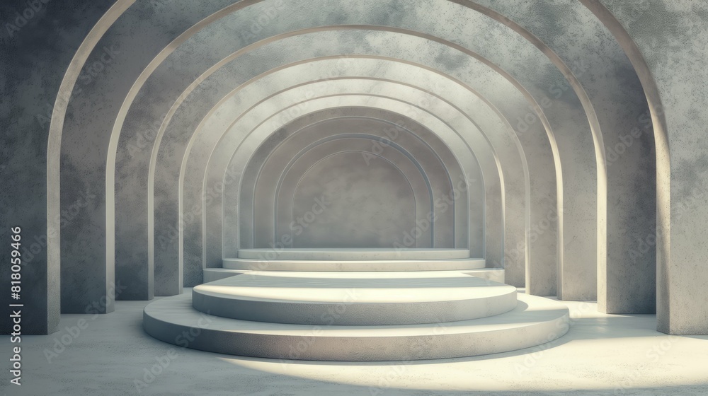 An empty round podium, a gray arch, minimalism, a showcase for displaying goods. 3D rendering. An empty round podium, a gray arch, minimalism, a showcase for displaying goods. 3D rendering.