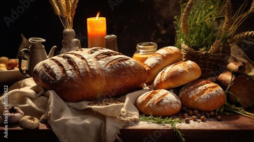 Artisanal Breads, Candles, and Seasonal Decorations in a Rustic Still Life Arrangement