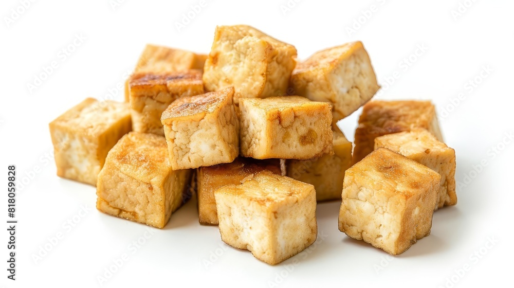 fried tofu cubes isolated on white background healthy vegetarian protein source plantbased diet ingredient food photography
