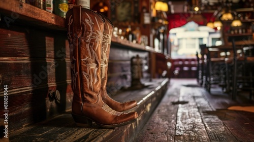 Pair of Ornate Cowboy Boots in a Rustic Western Bar Interior
