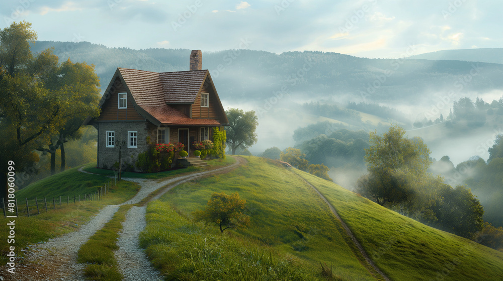 Isolated house in the mountains, beautiful typical northern European house in a lush, green and foggy landscape. Isolated house in the mountains, beautiful typical northern European house in a lush, green and foggy landscape.