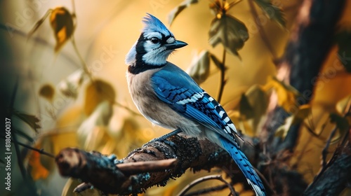 Vibrant Blue Jay Perched on a Weathered Branch © Dennis