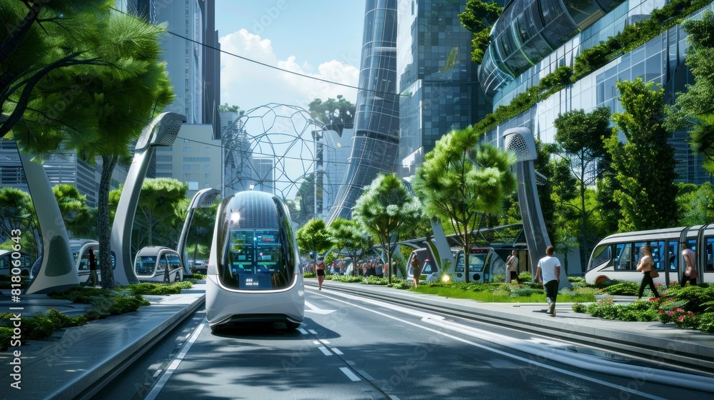Obraz premium city ​​of the ecological future with innovative cars and clean streets full of green trees