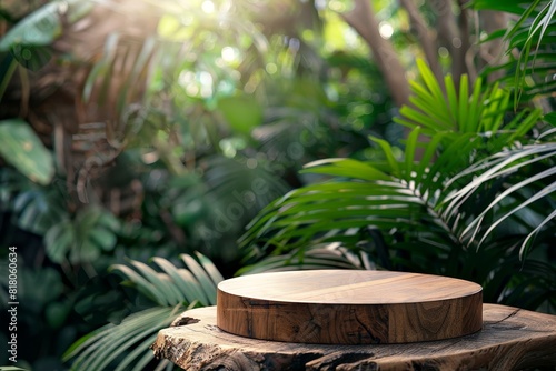 Round wooden tabletop podium mockup set outdoors amidst lush tropical foliage.  Perfect for product displays  nature-themed presentations  and eco-friendly branding.