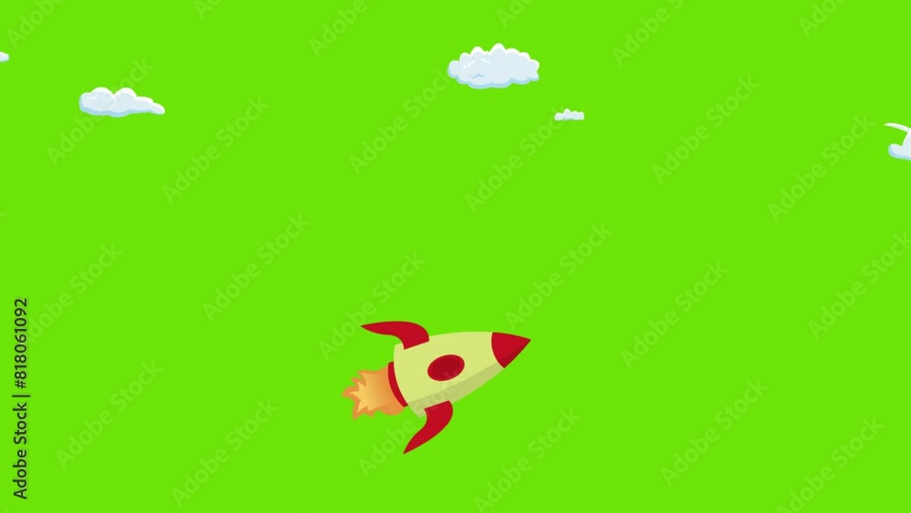 Cartoon rocket launch with clouds animation on green screen background, space launch system, 2d animated 4k video Cartoon rocket launch with clouds animation on green screen background, space launch system, 2d animated 4k video