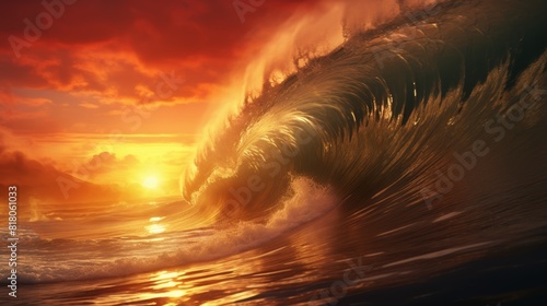 Ocean waves with rainbows forming inside them at sunset