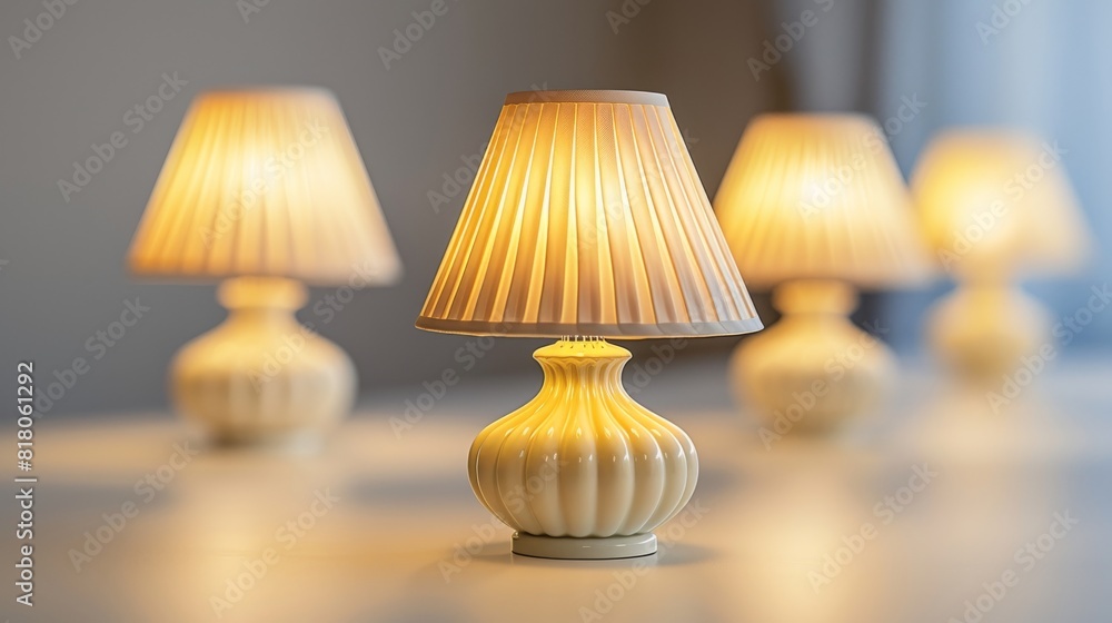 A group of four lamps are lit up and placed on a table A group of four lamps are lit up and placed on a table