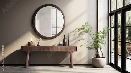 A welcoming entryway with a modern console table  a statement mirror  and a warm  inviting ambiance.