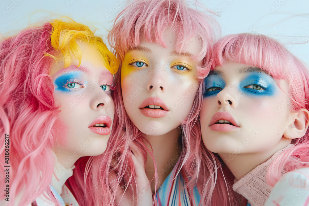 a group of women with pink hair and makeup a group of women with pink hair and makeup