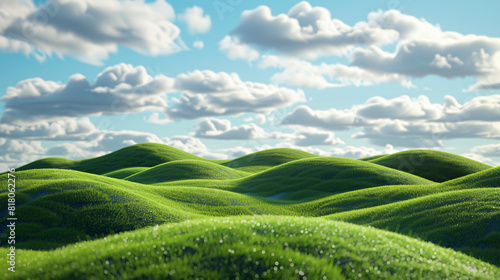 3D rendering of cartoon green hills with a blue sky