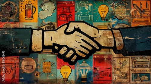 retro business icons, retro comic-style collage featuring business icons like briefcase, handshake, and lightbulb, ideal for creative business promotions photo