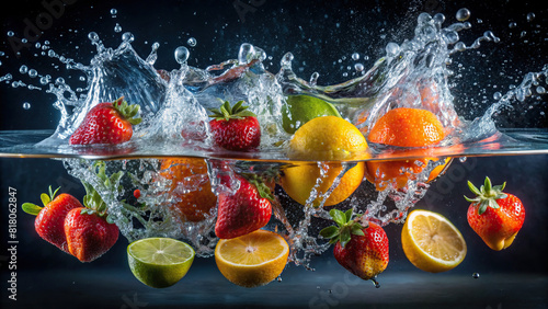 Fruits thrown into water  capturing the moment of impact with vivid splashes 