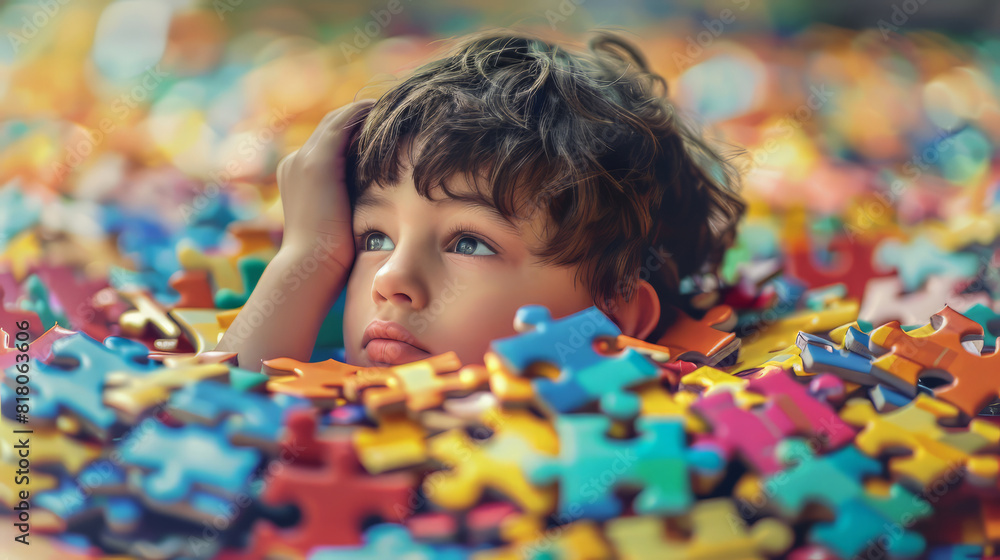 boy is sitting in a pile of puzzle pieces. He is looking at the camera with a thoughtful expression on his face. boy is sitting in a pile of puzzle pieces. He is looking at the camera with a thoughtful expression on his face.
