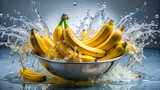 A bunch of bananas being dipped into a basin of water, eliciting playful splashes 