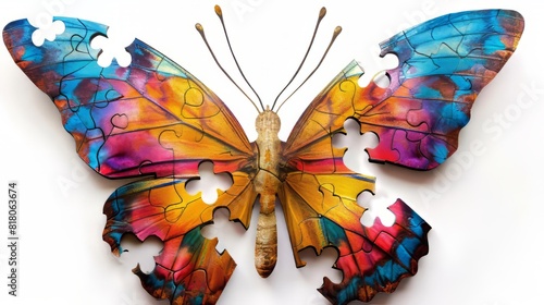 A puzzle of a butterfly with missing pieces.