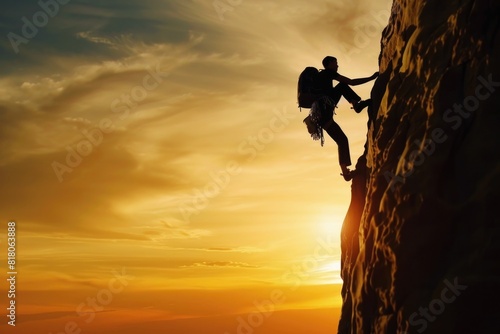 Endure. Silhouette of Man Climbing a Mountain Rock at Sunset, Striving for Success and Overcoming Obstacles with Motivation photo