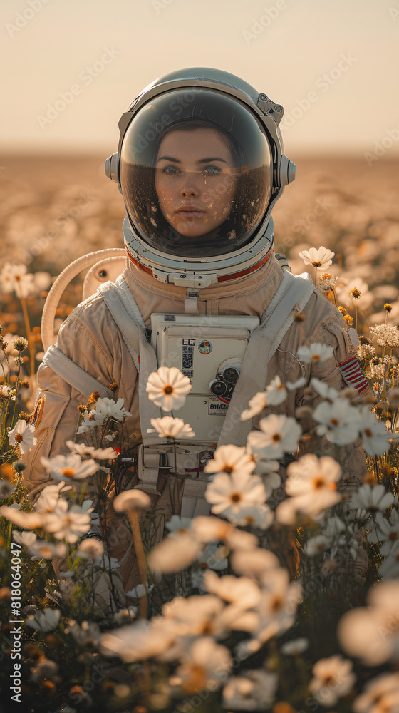 a woman in a space suit in a field of flowers a woman in a space suit in a field of flowers
