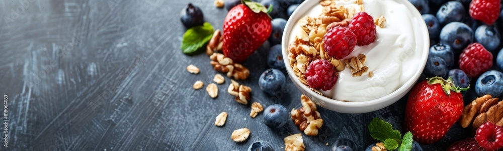 Bowl of yogurt with berries and nuts on the table. Food background Bowl of yogurt with berries and nuts on the table. Food background