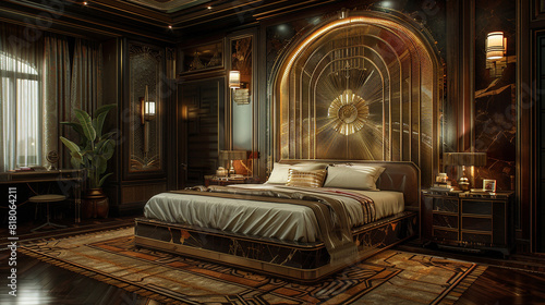A luxurious Art Deco-style bedroom with a gleaming metallic headboard and geometric patterned rug