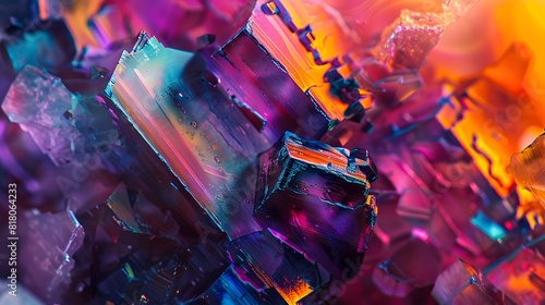 Macro photography of bismuth crystals with iridescent colors and geometric patterns, highlighting intricate details.