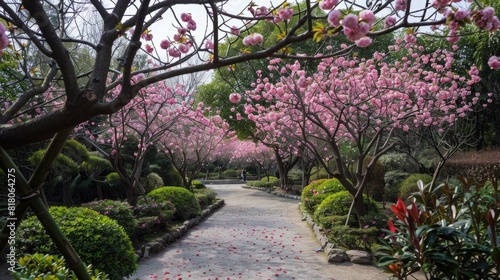 Cherry Blossom Trees. Pink Flowers on Tree Branches in Japanese Garden