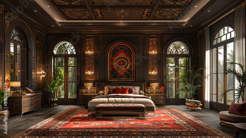 A luxurious, Hollywood Regency-style bedroom with a bold, geometric patterned rug and ornate, metallic accents photo