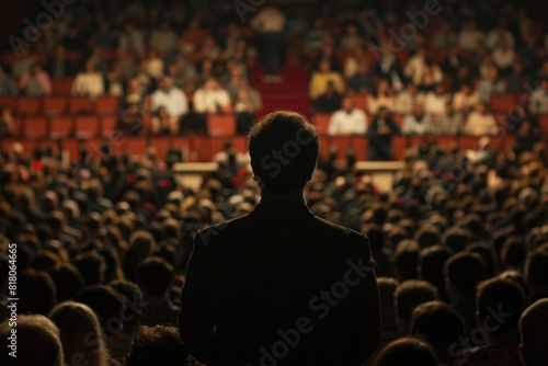 Event Center. Business Seminar with Silhouette of Man Speaking on Stage to the Audience