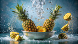 Pineapple chunks dropped into a basin of water, causing playful splashes 