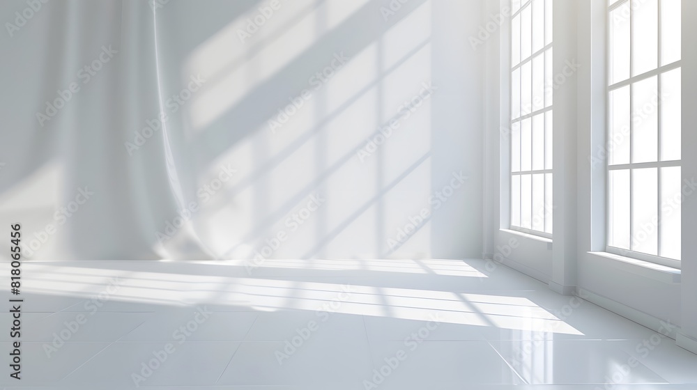 Spacious empty room with large windows casting dramatic shadows and sunlight across a smooth floor. Spacious empty room with large windows casting dramatic shadows and sunlight across a smooth floor.