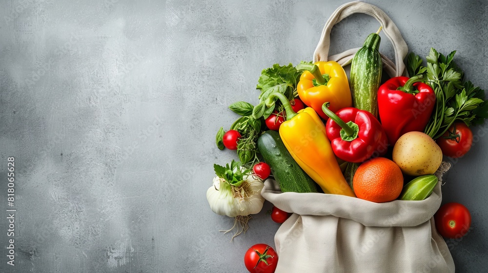 A reusable cloth bag filled with a variety of colorful, fresh produce set against a plain background, leaving significant copy space for text or graphics A reusable cloth bag filled with a variety of colorful, fresh produce set against a plain background, leaving significant copy space for text or graphics