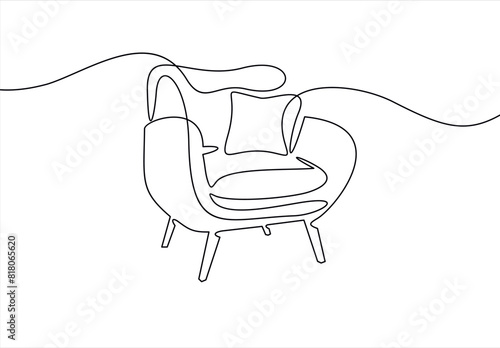 Chair in Continuous one line drawing. Interior with furniture in simple linear style. Editable stroke. Doodle Vector illustration