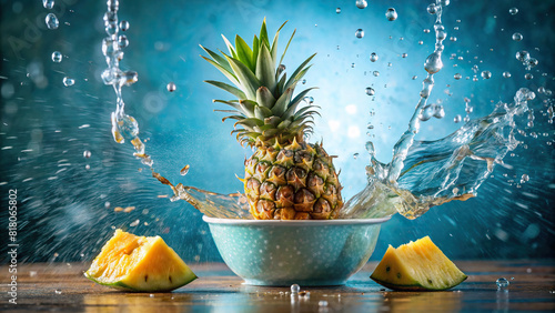 A slice of pineapple being dropped into a bowl of water, creating a tropical splash  photo