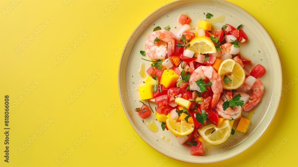 Ceviche on solid yellow background. Copy Space on the side. Generative AI. Ceviche on solid yellow background. Copy Space on the side. Generative AI.