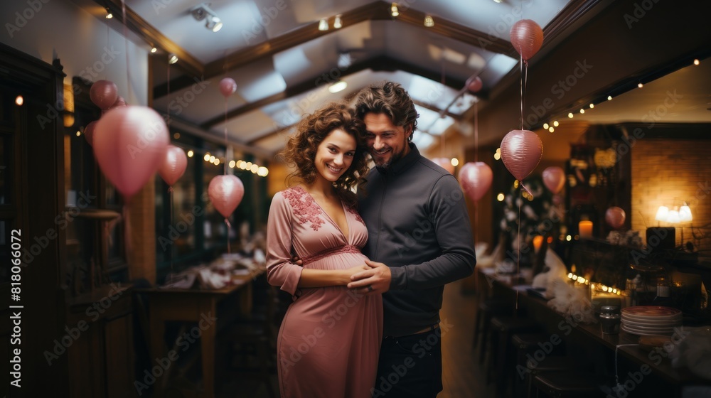 Happy Couple Celebrating Pregnancy News with Decorative Balloons and Lights Happy Couple Celebrating Pregnancy News with Decorative Balloons and Lights