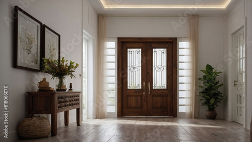 Charming Entryway  Wooden Door Enhances the Homey White Wall Atmosphere