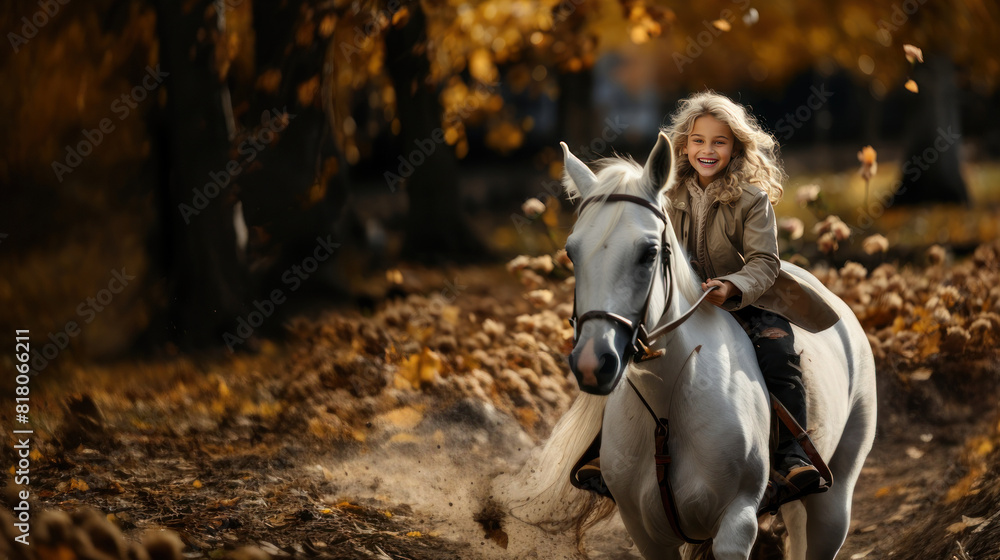 Obraz premium Joyful Little Girl Riding Horse in Autumn Forest with Golden Leaves