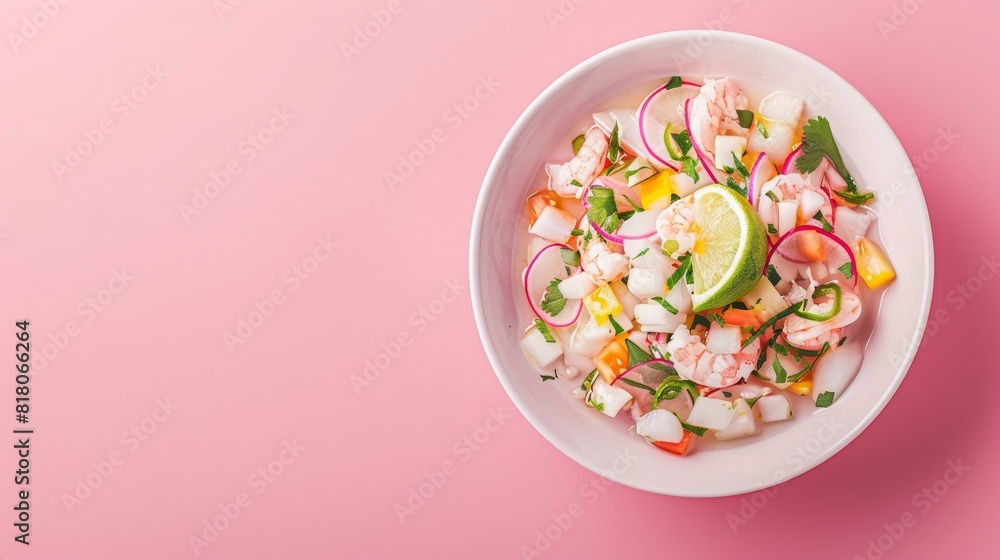 Ceviche on solid pink background. Copy Space on the side. Generative AI Ceviche on solid pink background. Copy Space on the side. Generative AI