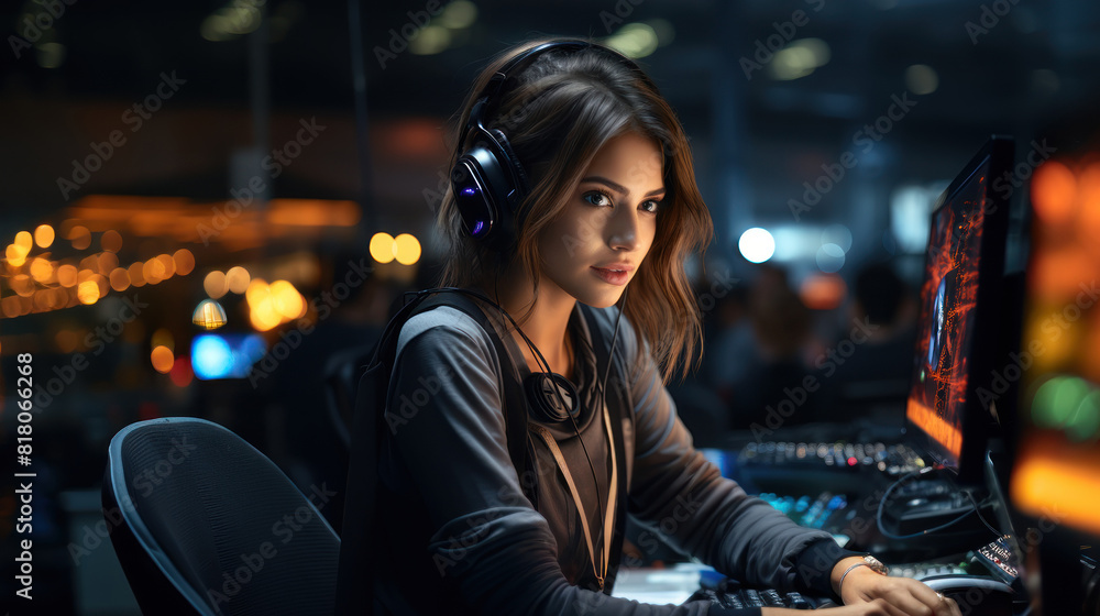 Focused Woman Working in a System Control Center with Multiple Computer Screens Focused Woman Working in a System Control Center with Multiple Computer Screens