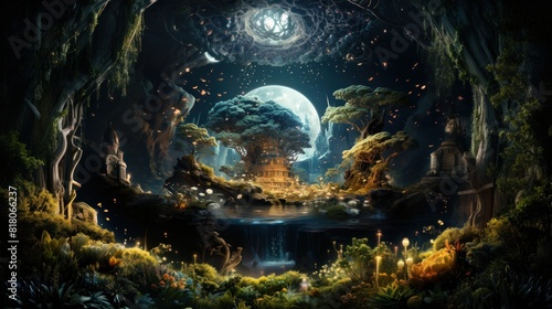 Magical Fantasy World with Dreamlike Scenery Featuring an Illuminated Moon